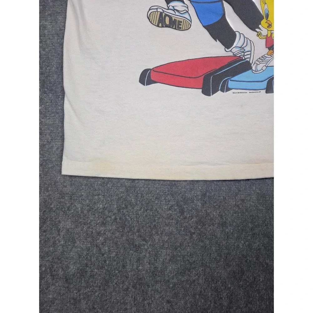 Vintage 90s Looney Tunes T Shirt Mens S White Sylvester Tweety Bird Workout 1994 - Picture 9 of 10